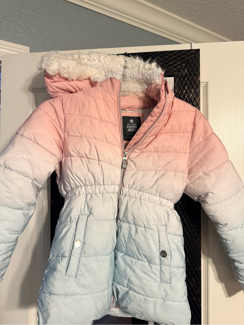 Girls' Ombre Pink to Light Blue Faux-Fur Hooded Puffer Coat